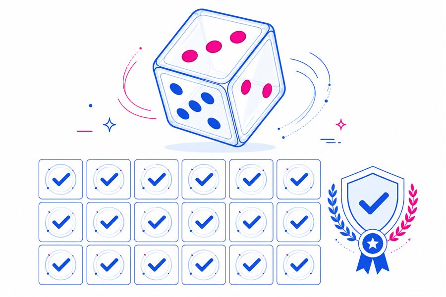 Illustration of a die and rows of certification check marks representing independently tested game fairness