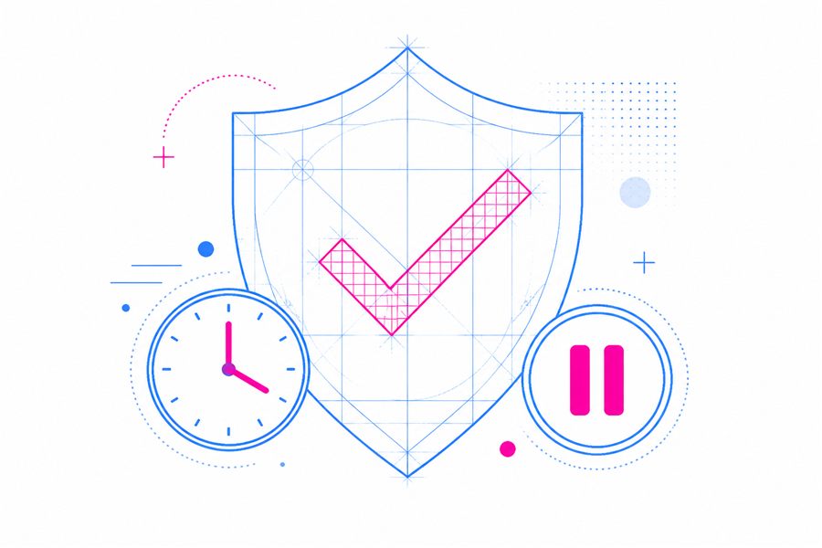 Illustration of a shield with a checkmark alongside a clock and pause icon, representing certified safety and player control tools